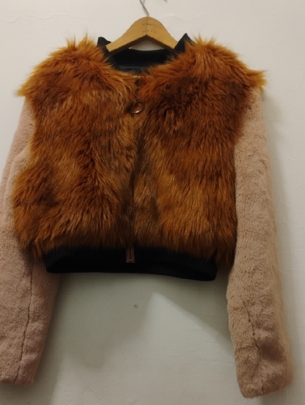 Faux Fur Cropped Jacket in Rust and Beige